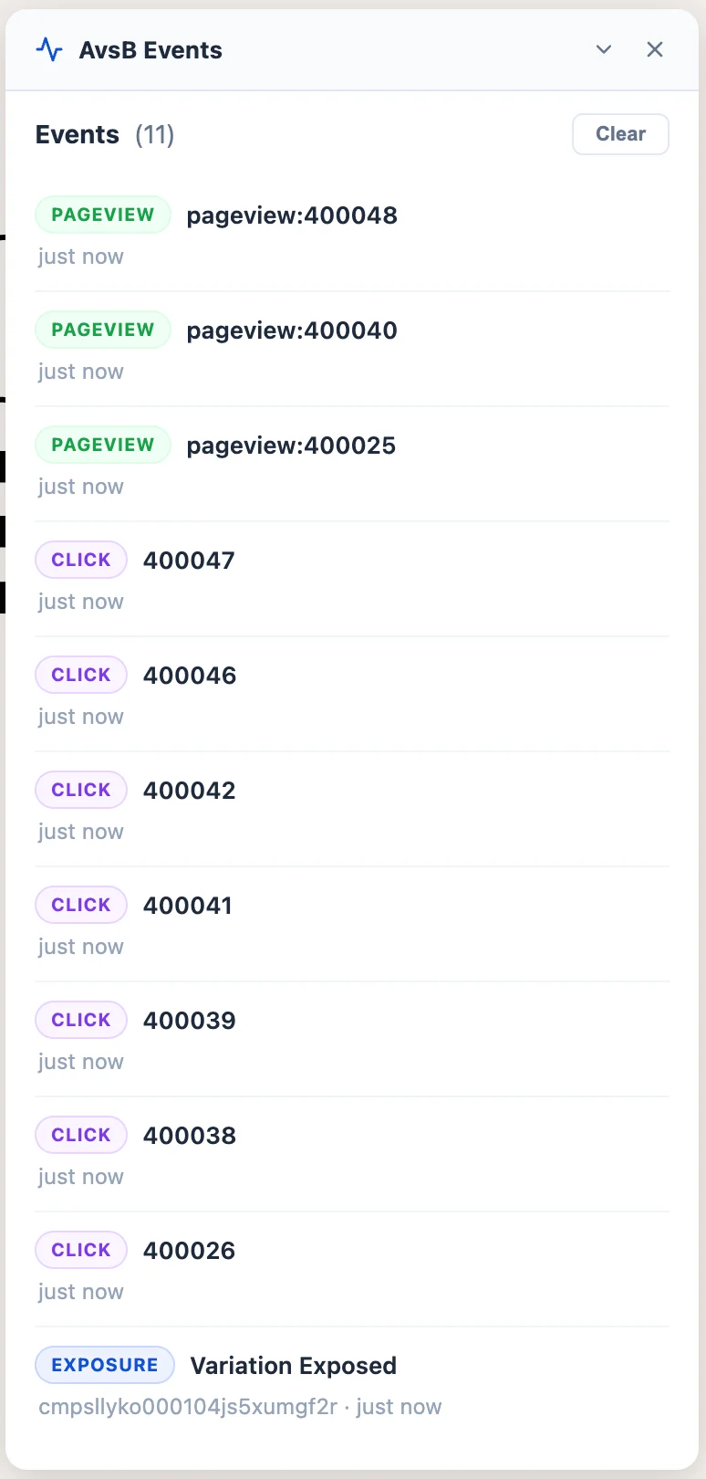 Extension on-page events monitor streaming pageviews, clicks, and exposures live