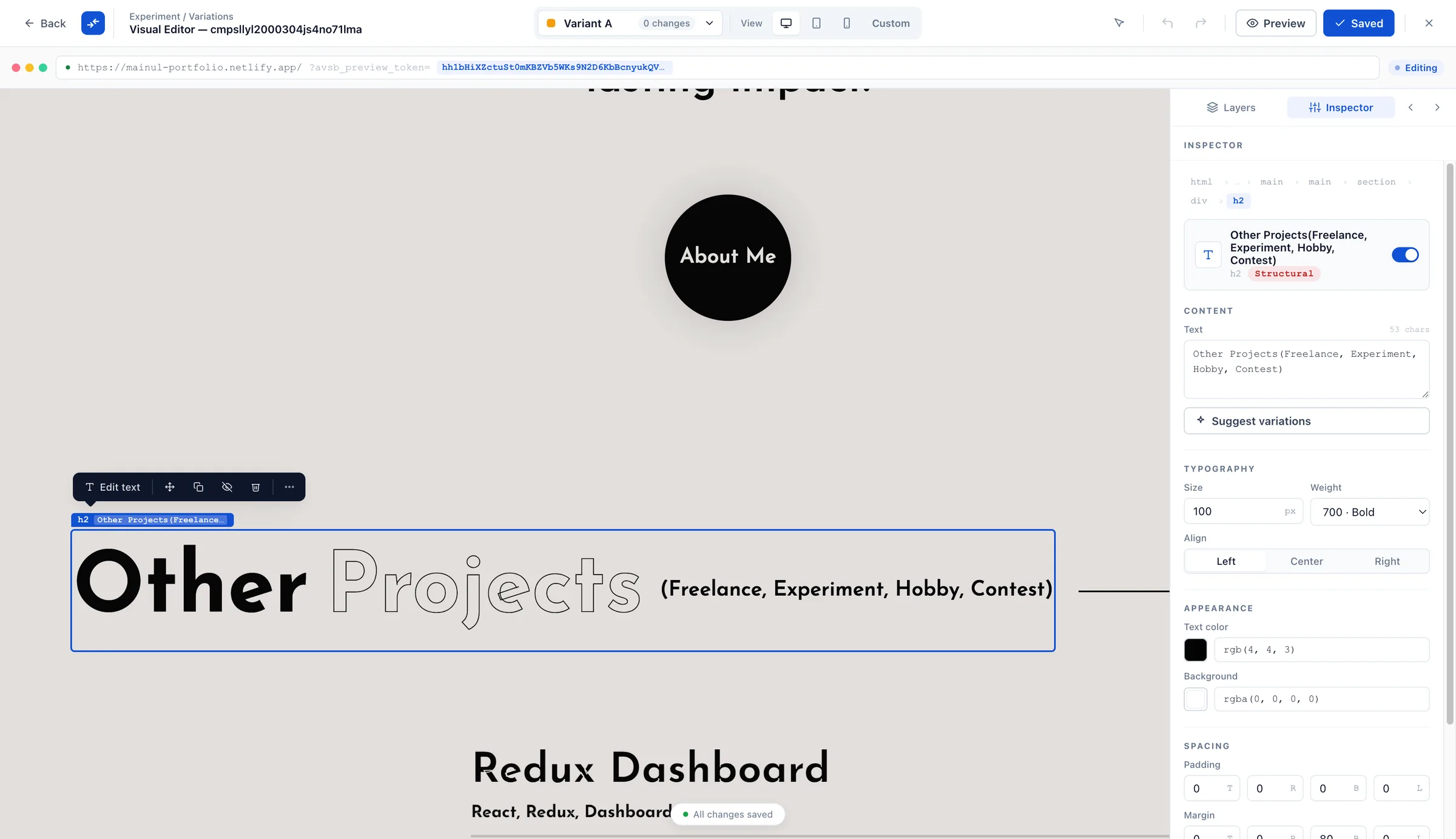 Visual editor — point-and-click variation editing with the right-hand inspector